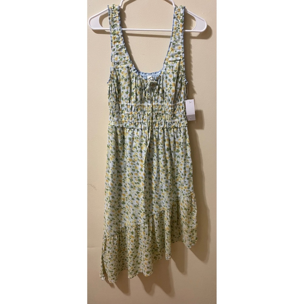 BP Nordstrom Floral Smocked Asymmetrical Ruffle Hem Sundress Blue Yellow XS NEW